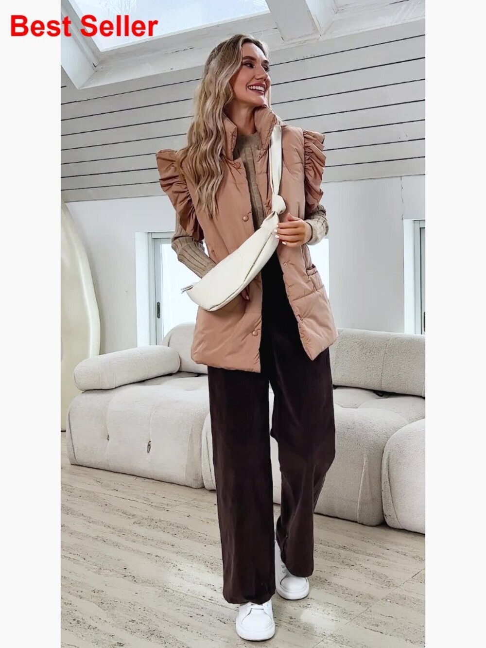 Polyester Puffer Vest with Ruffle Sleeves, Pockets, Button Down - Picture 7 of 7